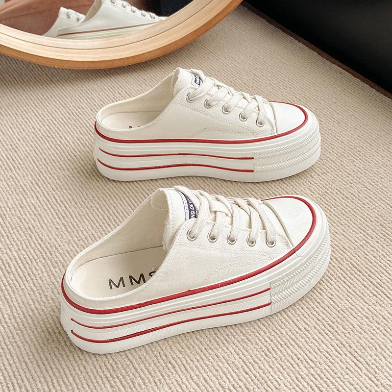 Półkapcie na grubej podeszwie na jeden pedał z płótna z główką torby damskie letnie nowe małe białe buty casualowe małe buty na platformie typu muffin