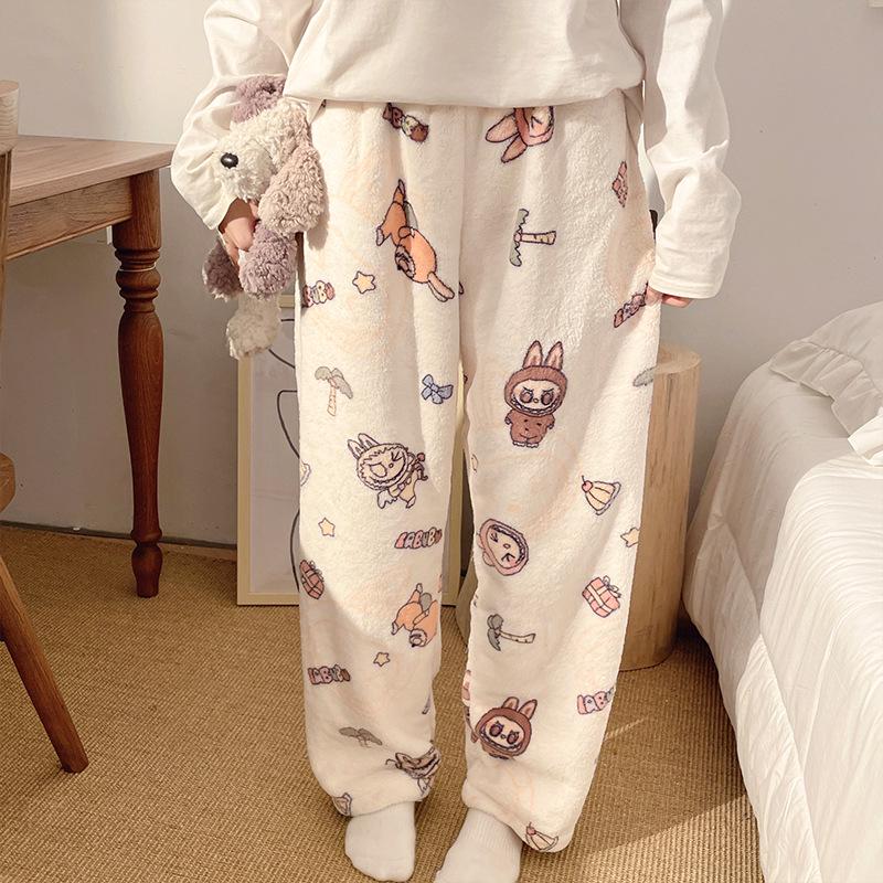 Korean Style Women's Fleece Pajama Pants - Flannel Cartoon Design for Autumn and Winter
