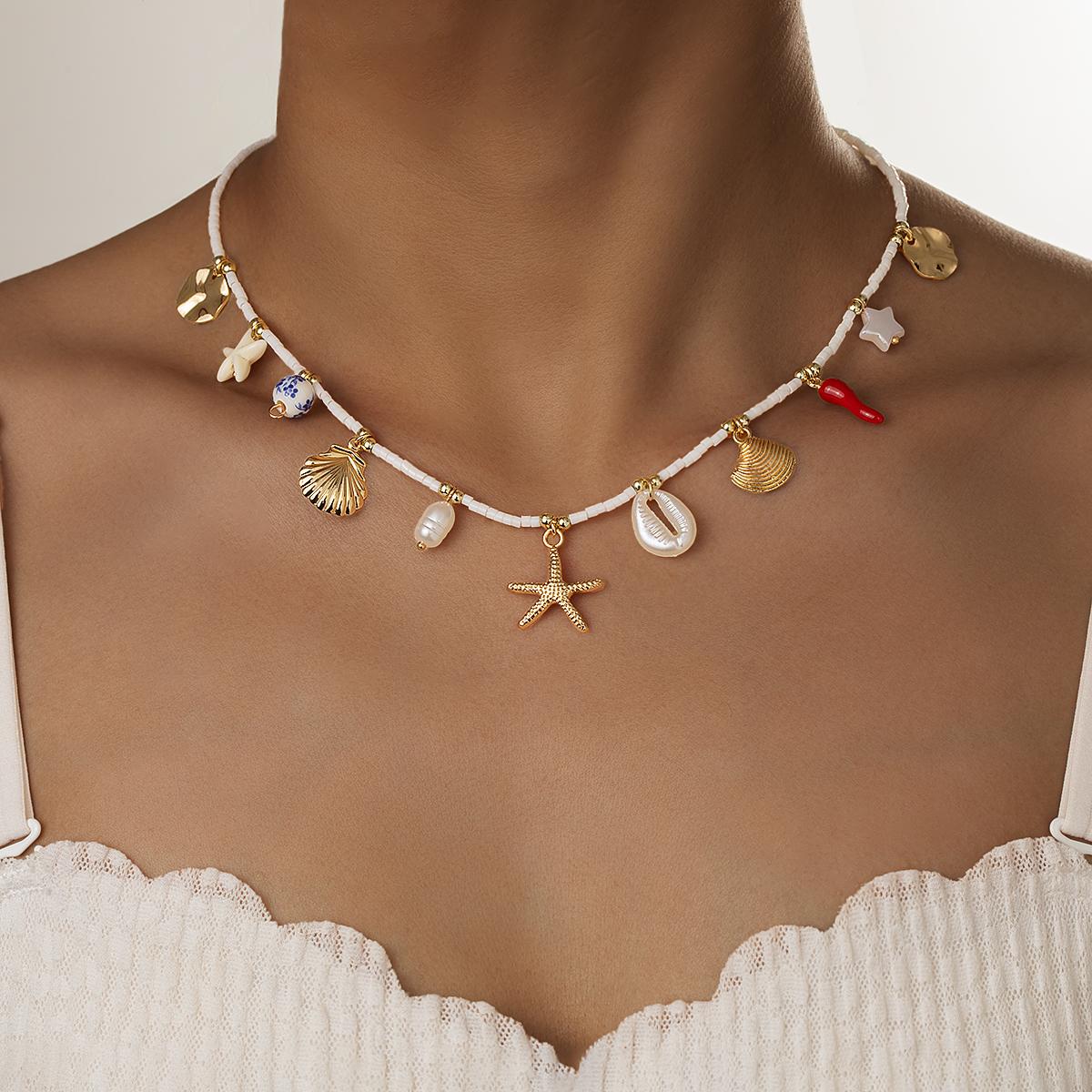 

Sweet and Cute Cherry Chili Pendant Necklace Beach Wind Alloy Starfish Shell Tassel Rice Bead Necklace