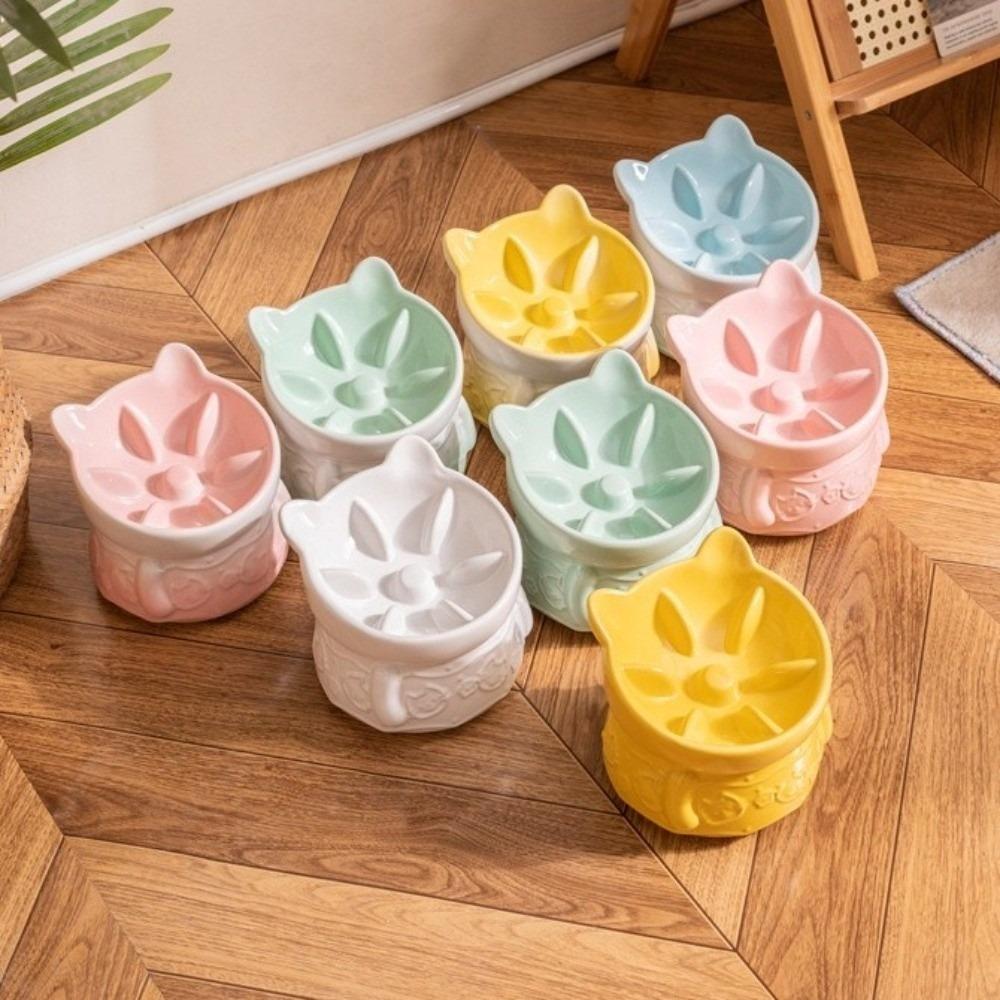 Slanted Mouth Pet Feeder Bowl Ceramic Cat High Foot Bowl Cat Slow Food Bowl  for Feeding