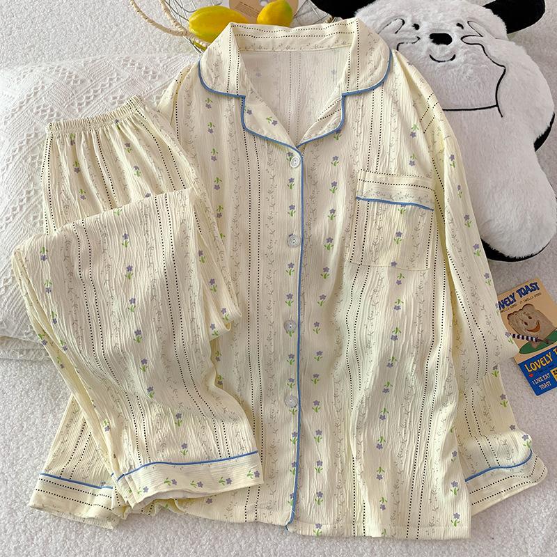 Chinese Antique Floral Women'S Pajamas Spring And Autumn New Long-Sleeved Lazy Loungewear Wrinkled Cloth Set Real Shot