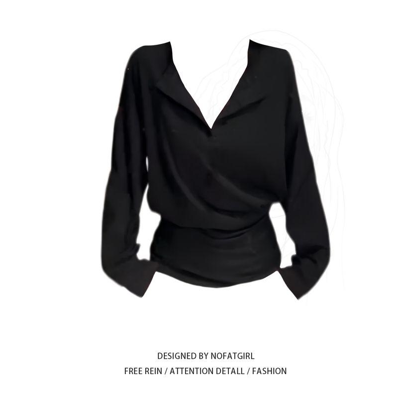 

Plus Size Plus Size Ladies Korean Style Stylish V Neck Slimming Long-Sleeved T-shirt Women s Spring New Arrival Loose Feeling Loose Black Tops Black Tops L