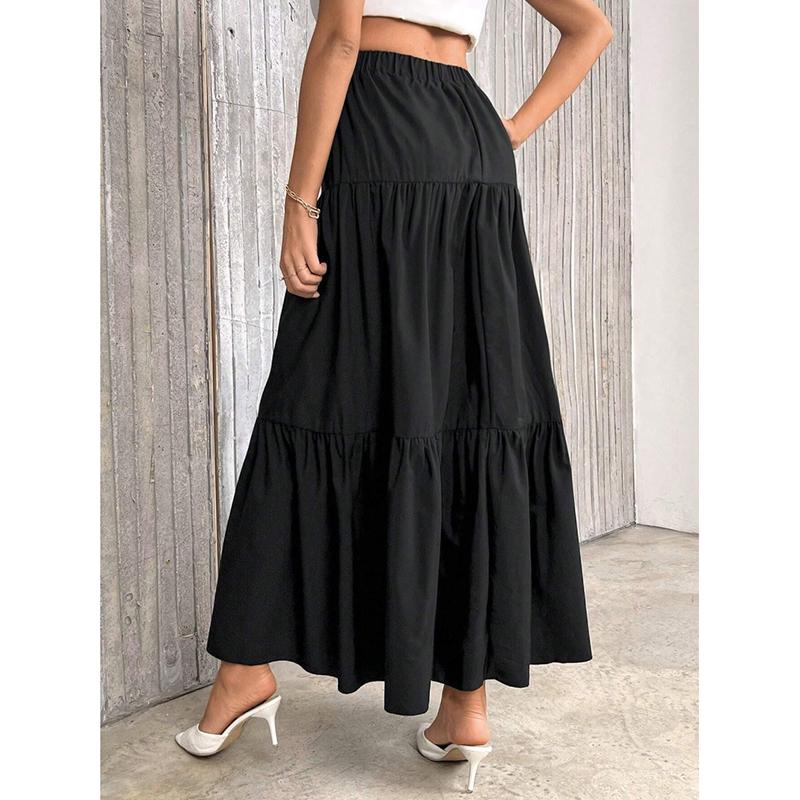 Mode Neu A-Linie Falten Casual Schwarze Röcke Damen Elegant Schlank Passend Frühling und Sommer Langer Rock Damen Vintage Einfarbig Hoher Bund Damenrock 25920