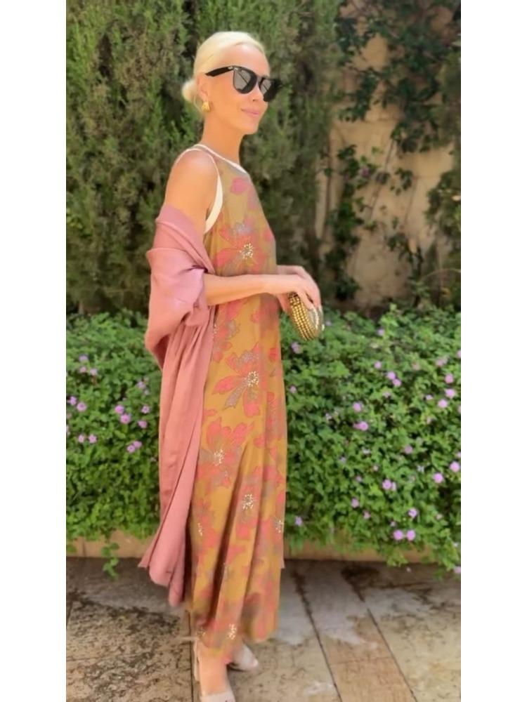 Women's Bohemian Floral Print Sleeveless Dress with Matching Long Red Cape