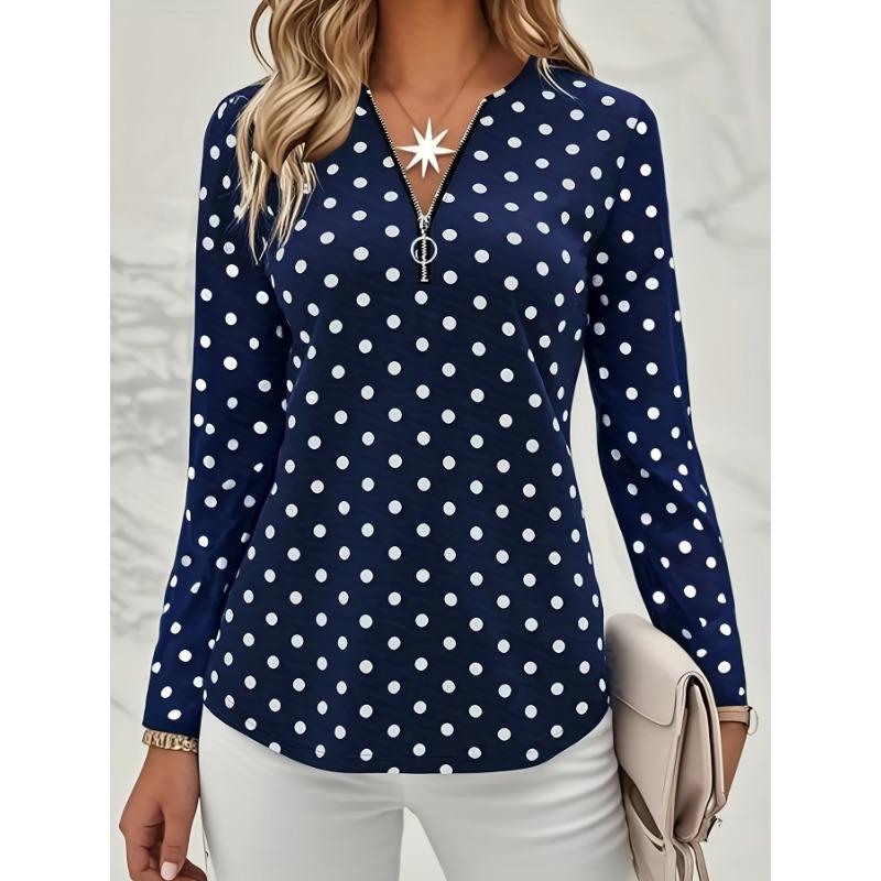 Plus Size, Women's Fashion Elegant Polka Dot Zipper V-Neck Top