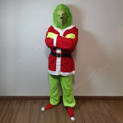 Grinch Cosplay Costumes Anime Green Attire Clothing Santa Cos Halloween Claus Hat Glove Belt Mask For Women Men Anime Carnival