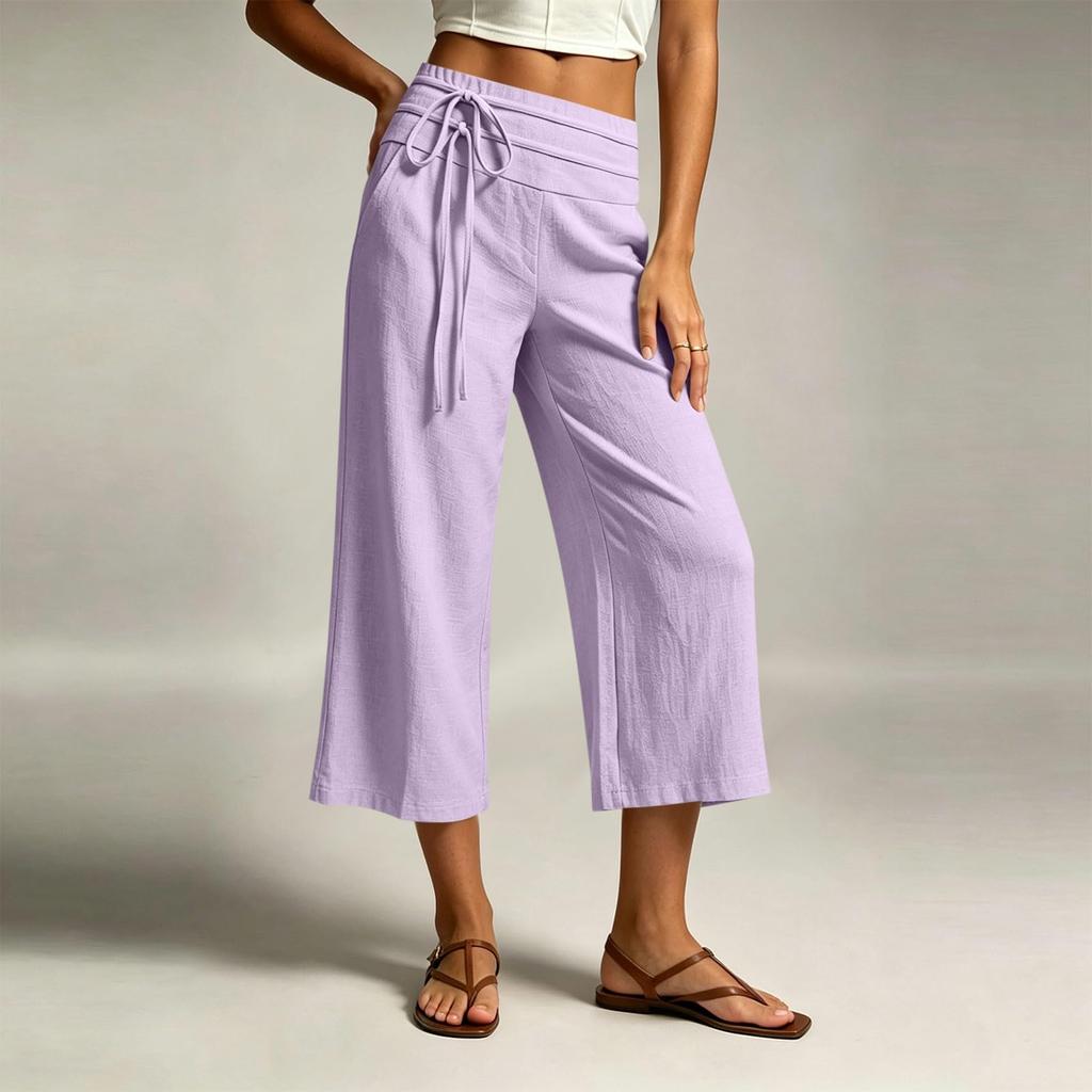 Women Casual Wide Leg Cropped Pants Elastic Waistband Drawstring Loose Fit Capri Trousers Lightweight Breathable Fabric