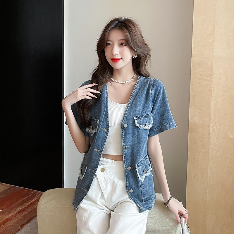 Sommer Damen locker V-Ausschnitt Jeansjacke - Kurzärmelig & Vielseitig