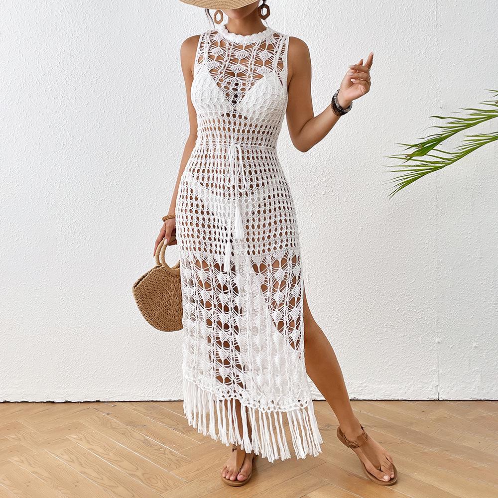 

2024 Hot Selling Hollow Floral Tassel Beach Dress with Waist Tie Medium