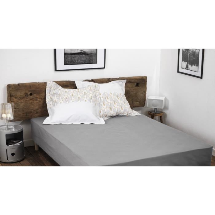 Drap housse uni 100% coton - Bonnet 25cm - Gris clair - 160x200 cm