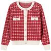Retro contrasting color round neck plaid small fragrant knitted sweater cardigan autumn and winter fashion gentle wind sweater women's coat top