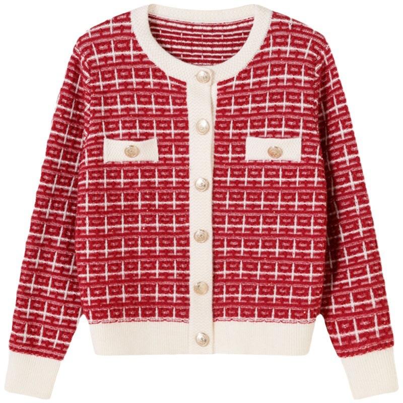 Retro contrasting color round neck plaid small fragrant knitted sweater cardigan autumn and winter fashion gentle wind sweater women's coat top