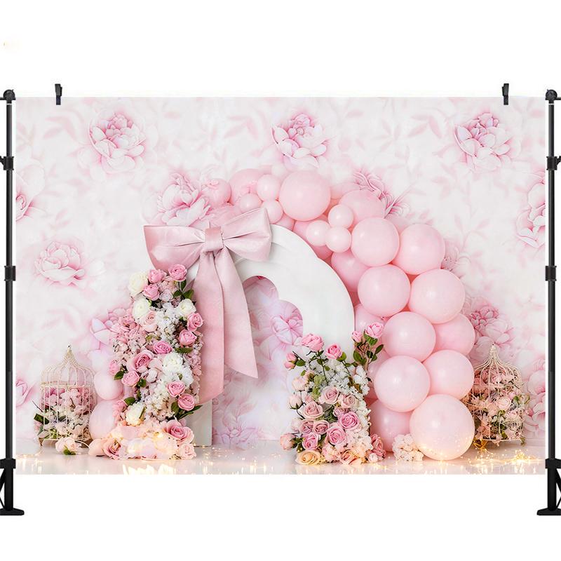 LS Pink Pearls Balloons Flower Wall Backdrops Kids Child Birthday Cake Smash Baby Photography Bow Decors Backgrounds