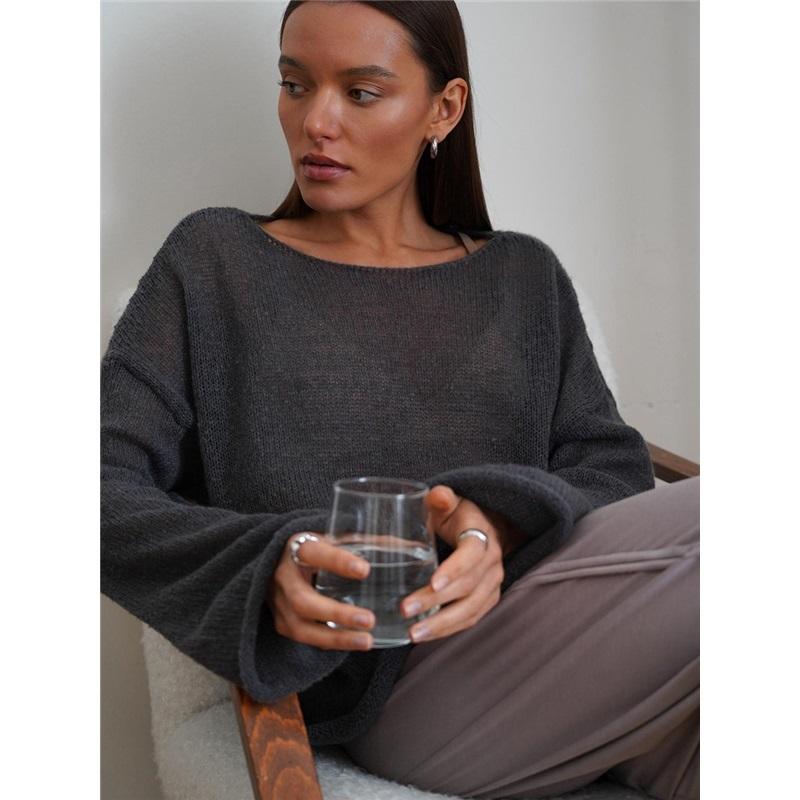 2025 Spring Summer Hollow Knit Sweater For Women Soft Loose Knit Long Sleeve Top European American Style Knitted Sweater Women's Fashion Casual Wear