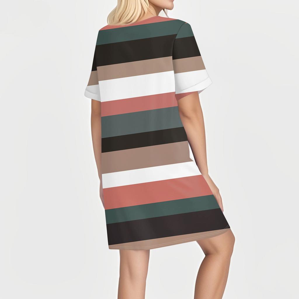 Women's Fashion V-neck Striped, Polka Dot Print Pull-head Casual Button Dress