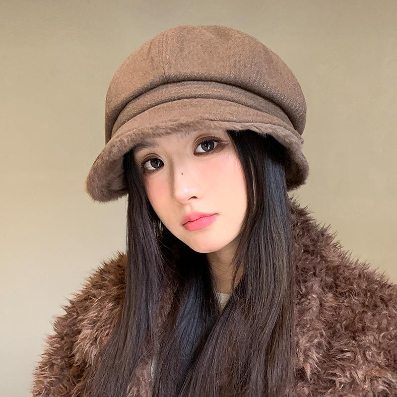 Retro Vintage Thickened Beret Japanese Versatile Big Head Octagonal Hat Showing Face Small Windproof and Warm Hat