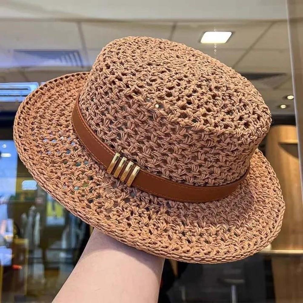 Sun Protection Straw Boater Hat Lightweight Flat Top Beach Hat Handwoven Sun Cap  Beach Vacation