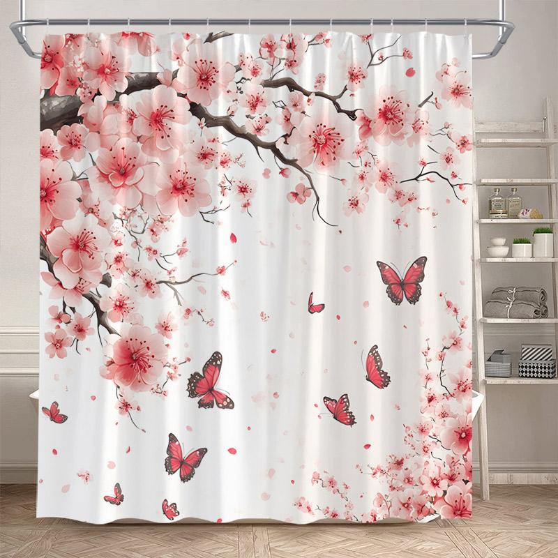 Annier Pink Butterfly Floral Shower Curtains Watercolour Cherry Blossom Flowers Japanese Style Bath Curtain Fabric Home Bathroom Decor