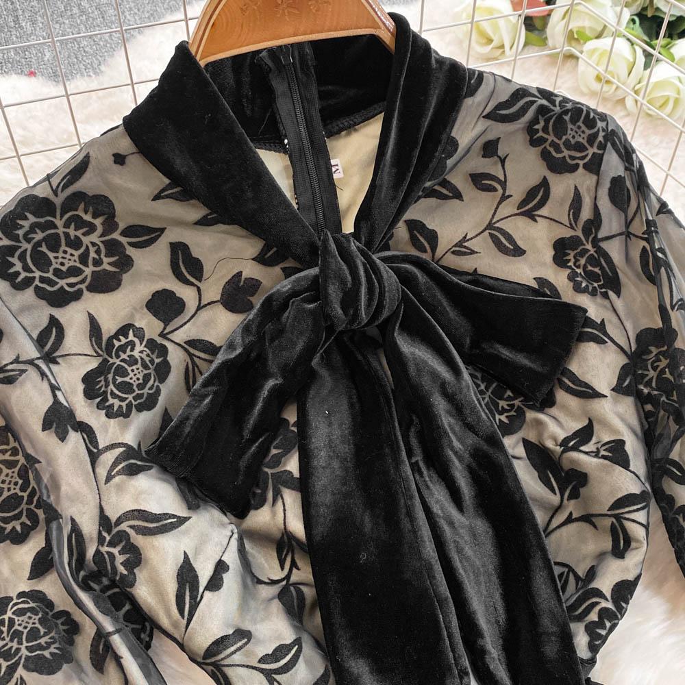 French Elegant Bow Puff Sleeve Dress Women 2025 Spring Autumn New Flocking Floral Waist Slim Long Dresses Patchwork Party Clothing