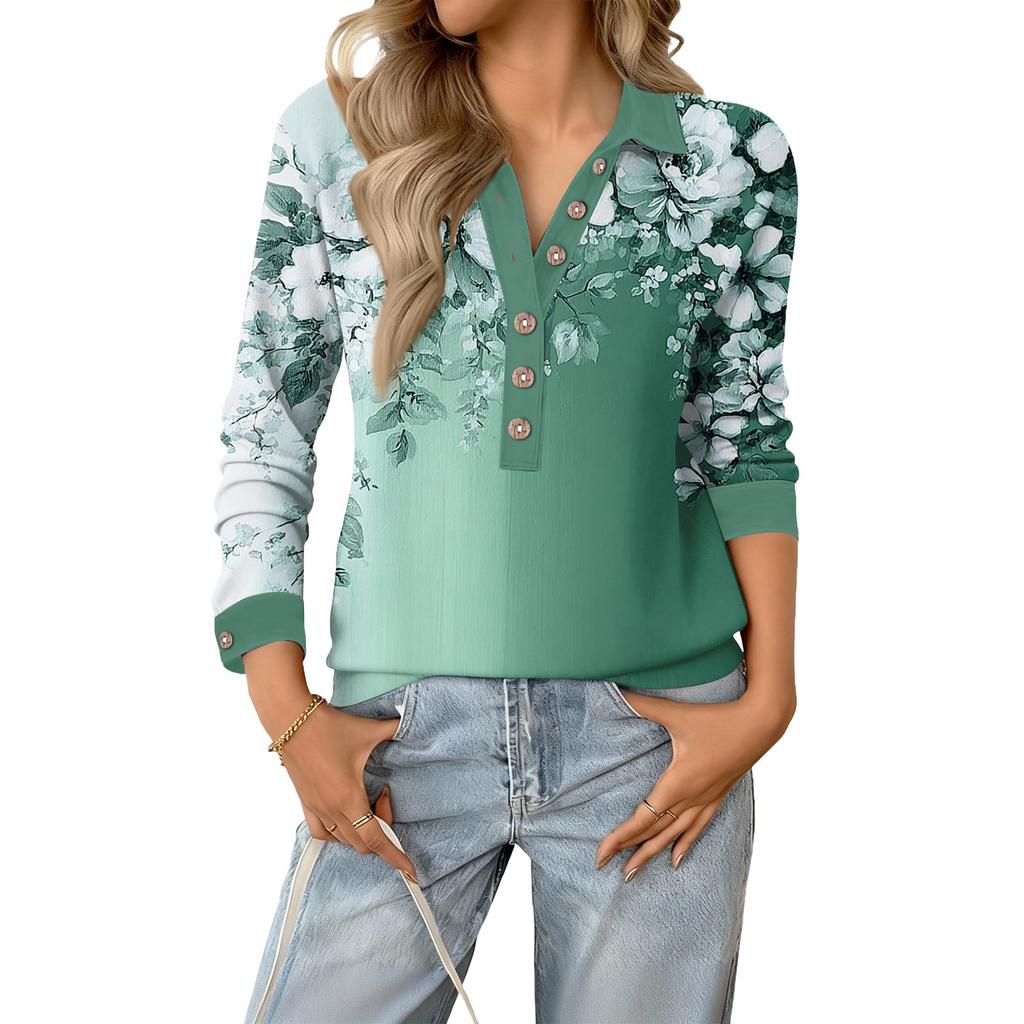 Damen Retro Street Lässiges V-Ausschnitt Langarm Knopf Floral Print Pullover Top