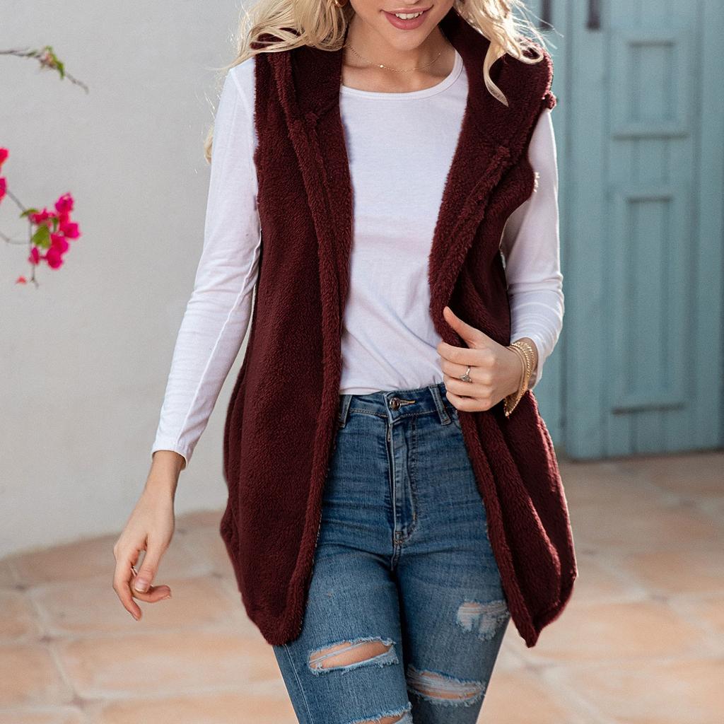 Damen Weste Winter Warm Hoodie Mit Kapuze Outwear Casual Mantel Plüsch Jacke Outwear