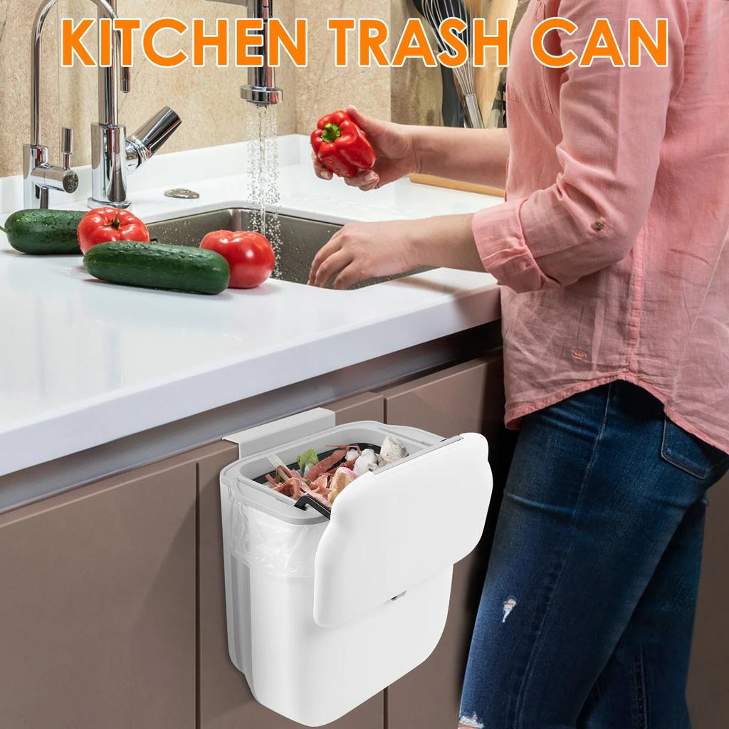 Hanging Trash Can Kitchen Food Compost Bin with Lid and Hidden Scraper Space Saving Foldable Wall Mounted Garbage Can for Home