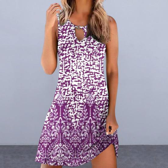 O-Neck Sleeveless Front Hollow Summer Dress A-Line Loose Hem Bohemia Retro Printing Women Mini Dress