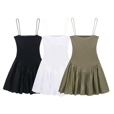 Pleated Patchwork Halter Mini Dress Retro Thin Shoulder Strap Square Collar Dress