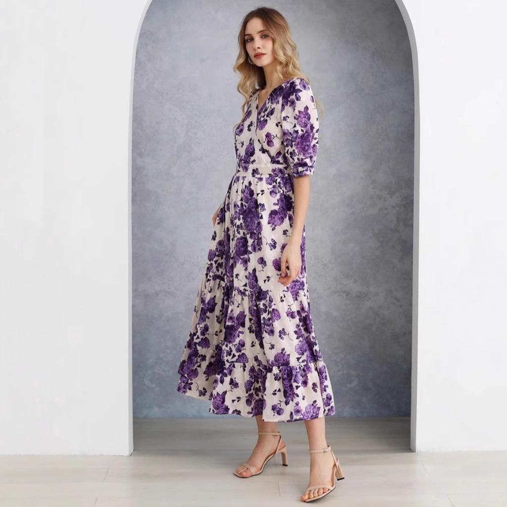 New Spring Summer French Dress, Women's Floral Print V-neck Waist Cinched Dress for European American