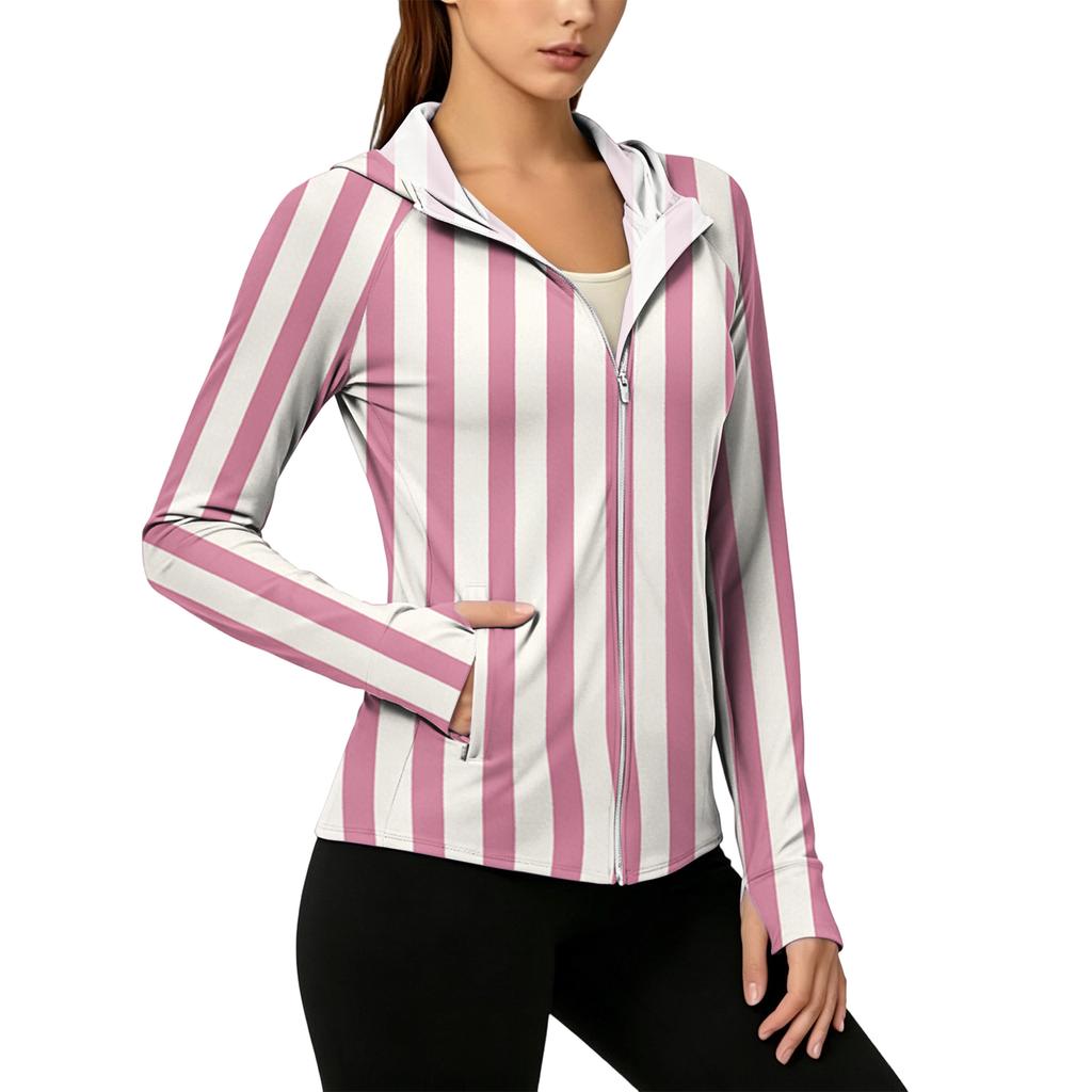 Women's Lightweight Zip Up Hoodie with Hood and Pockets Long Sleeve Striped Sun Protection Jacket for Outdoor Activities