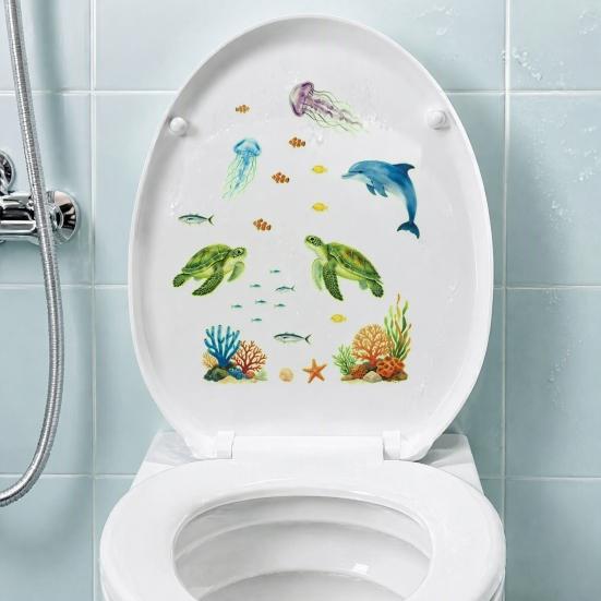 Removable Dolphin Turtle Wall Decor Ocean Themed Glow in The Dark Toilet Seat Stickers, Waterproof PVC Marine Life Decals for Decorative