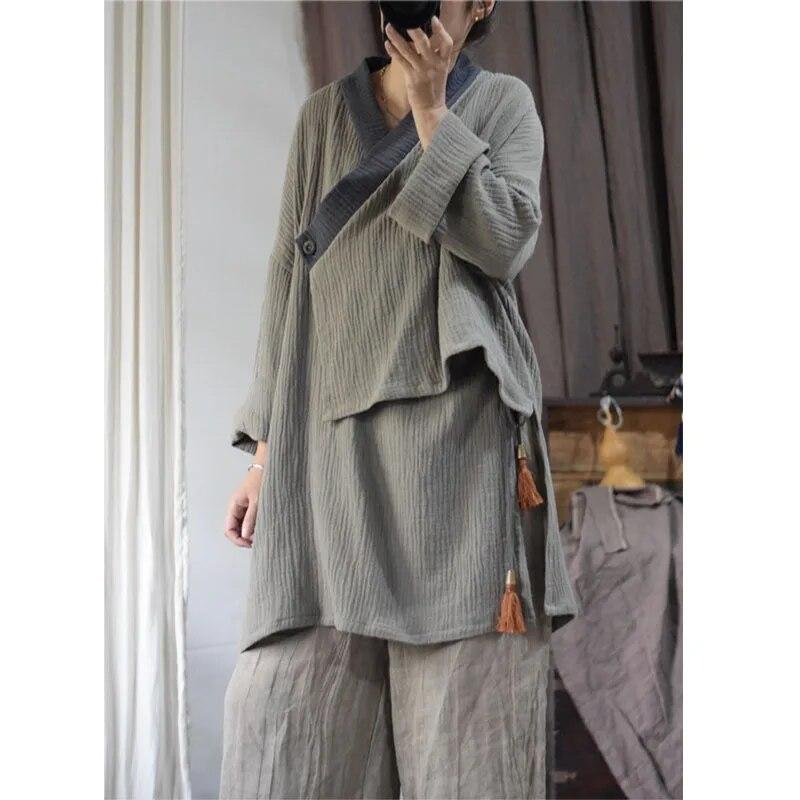 Johnature Distress Lin Kinesisk Skjorte Høst Kvinne Mote Vintage Ensfarge Løs Casual skjorte