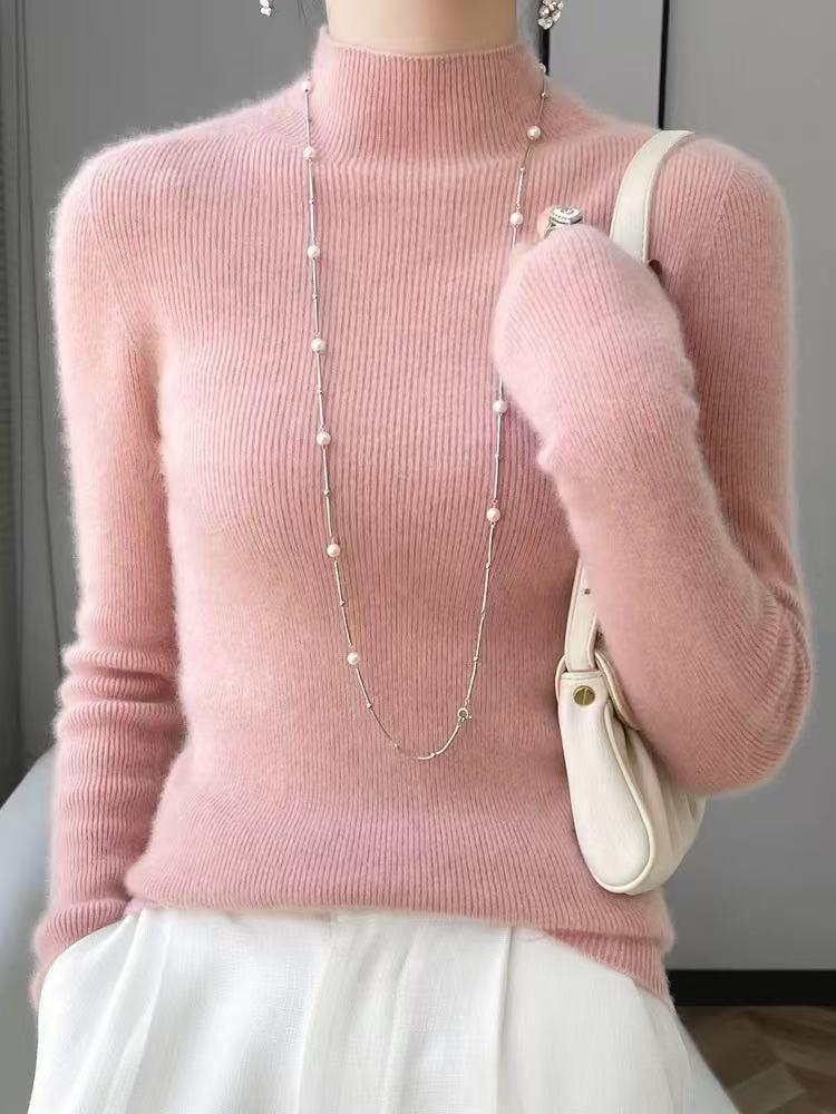 Women’s 2025 Autumn/Winter Pure Wool Sweater, Half-High Neck, Ribbed, Slim-Fit, Figure-Flattering with Cashmere Inner Layer