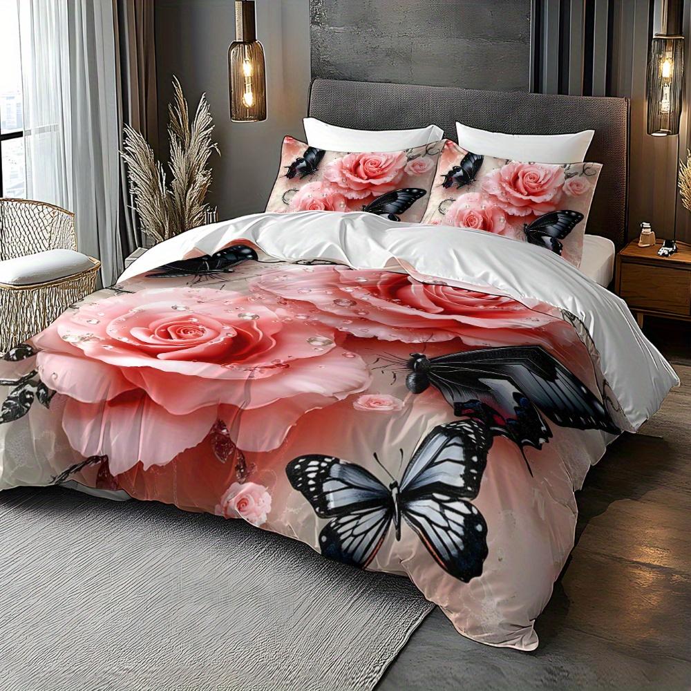 Pink Rose Black Butterfly Bedding Set Romantic 3D Print Duvet Cover Pillowcase Breathable Wrinkle-Free For Valentine Bedroom