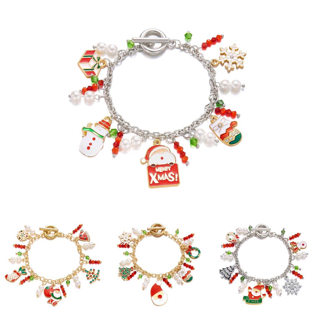 Pulseira de Charme de Natal Para Mulheres Com Pingente de Floco de Neve Veado Papai Noel Feita à Mão