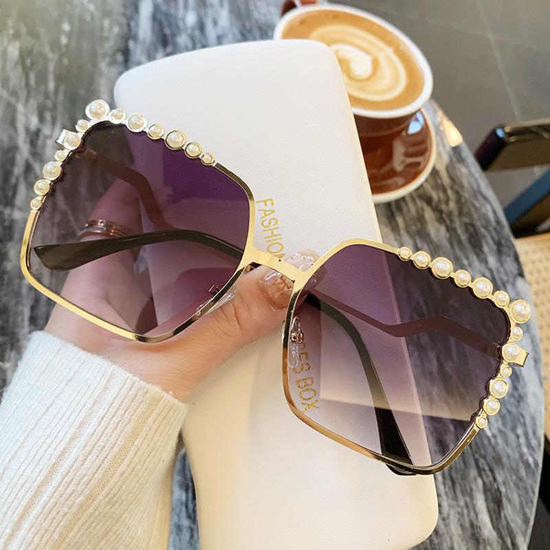 Sunglasses Diamond Pearl Decoration Large Frame Metal Glasses Sunshade Sunglasses Ns Catwalk Premium