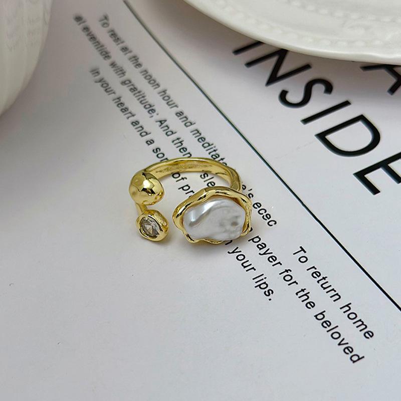 Irregular Oval Imitation Baroque Pearl Open Ring for Women Girl Light Luxury French Fashion Jewelry Accessories