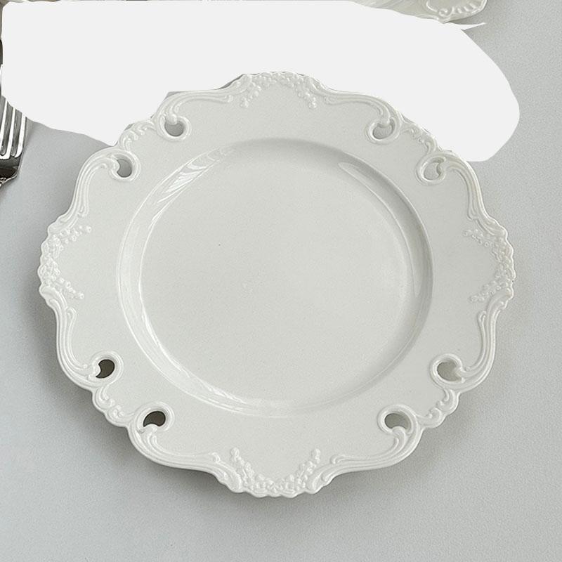 French Hollow Out Relief Dish 10 Inch Ceramic Exquisite Flower Shape Kitchen Tableware White Retro High Aesthetic Creative Plate