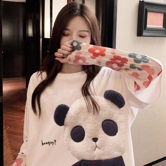 Camiseta Feminina de Verão Bordado de Animal Decoração de Panda Solta Comprimento Médio Gola Redonda Uso Diário Manga Curta Cor Contrastante Top de Verão Feminino Vestuário