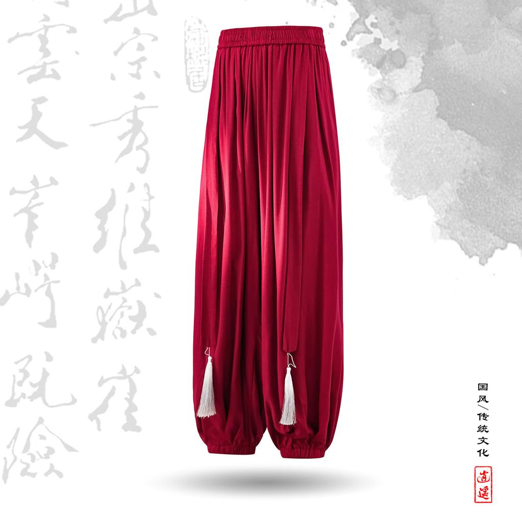 Chinese Style Beach Pants Men's Loose, Wide Leg, Leg Tied Cropped Pants