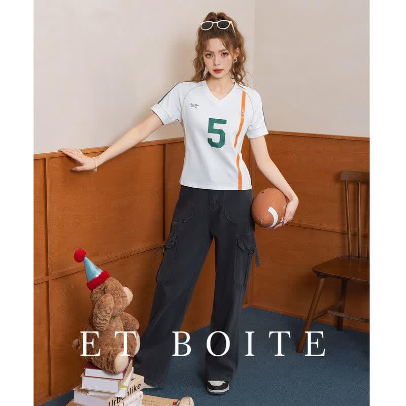 ET BOITE Women s Retro Color Block Jersey Short Sleeve T-Shirt S