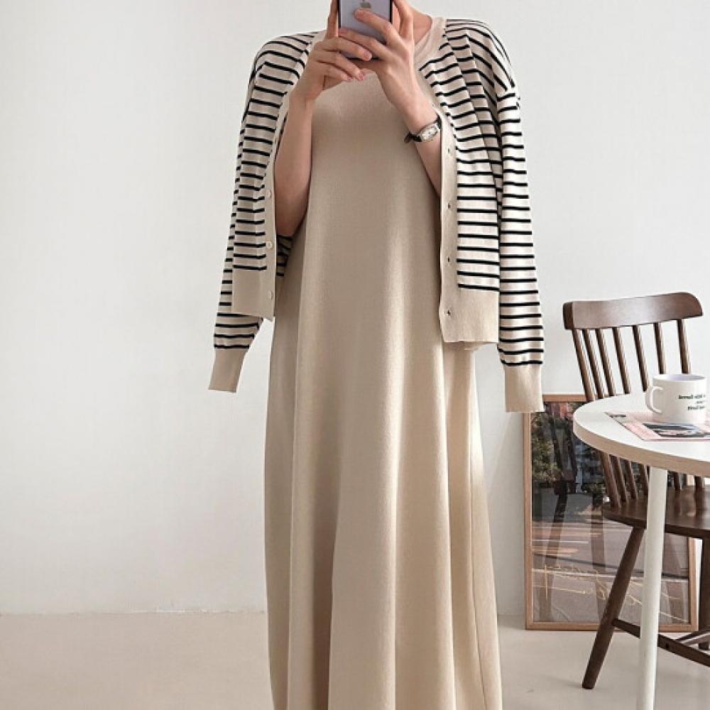 New Arrivals Open Run Stripe Knit Round Neck Cardigan Knit Dress 2 Set