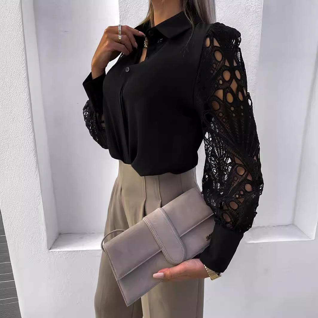 White Sexy Lace Hollow Out Women Blouse Autumn Spring Black Top Vintage Button Up Shirts Long Sleeve Tops S чёрный