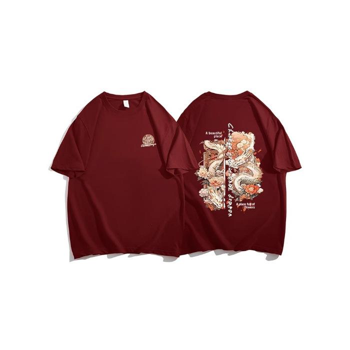 

Pure cotton burgundy short-sleeved t-shirt women s summer new niche loose natal year design pure cotton half-sleeved top S [80-50kg]