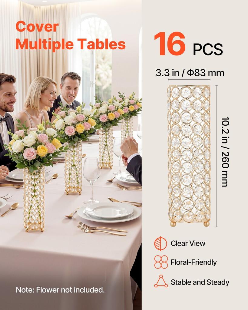 16 PCS Crystal Wedding Flower Vase, 26 cm Tall Flower Table Centerpieces, Crystal Cylinder Banquet Vases Easy Installation, Versatile Arrangement