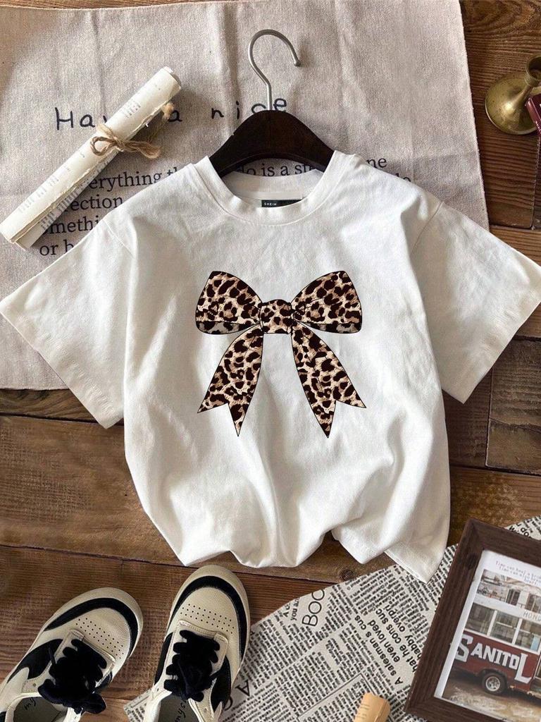Unisex Tshirts Suitable For Springsummer Fashion Bowknot Decorative Pattern Leopard Print Casual Simple Girls Round Neck Tees