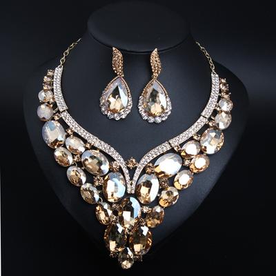 Kristall Edelstein Schlüsselbein Halskette Ohrringe Set Braut Bankett Übertrieben Weibliche Accessoires