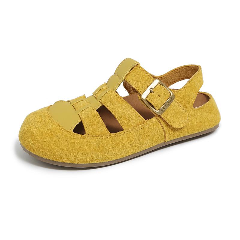 Fashion Women's Casual Round Head Flat Shoes Summer New Baotou Cow Suede Metal Buckle Soft Sole Anti-slip Wear-resistant Sandals