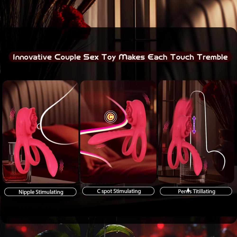 Vibrating Cock Ring with Rose Clitoral Stimulator - Penis Sleeve Vibrator for Couples, G-Spot & Clitoral Pleasure (Men & Women)