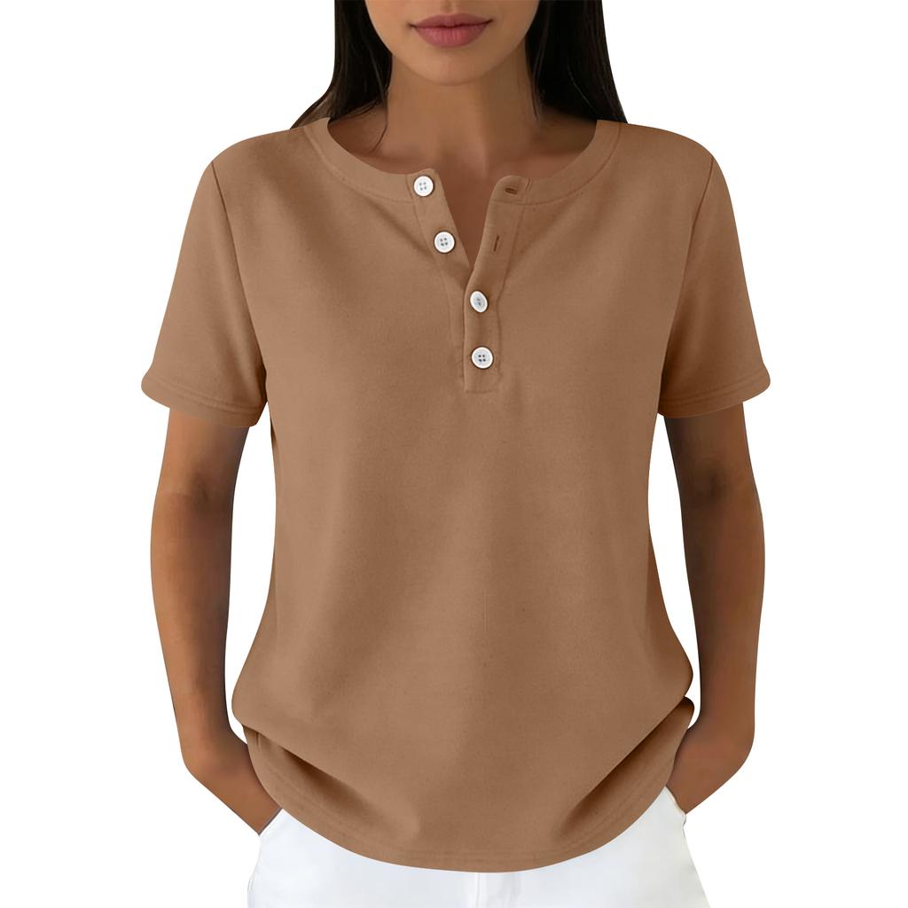 Lässiges Damen-T-Shirt in verschiedenen Farben, V-Ausschnitt, kurzen Ärmeln und Zierknöpfen.
